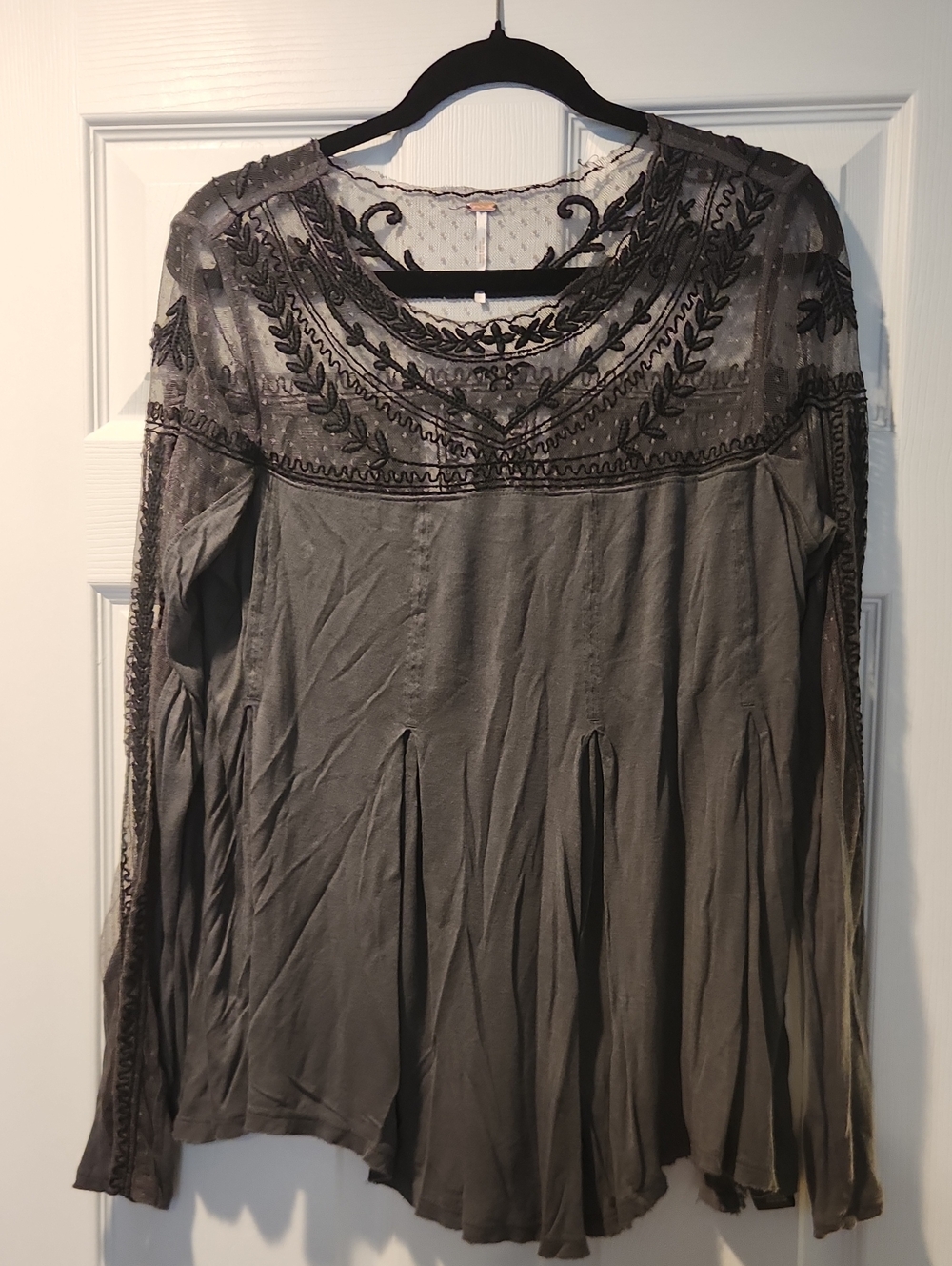 Free People Olive Green Embroidered Mesh Yoke Long Sleeve Top